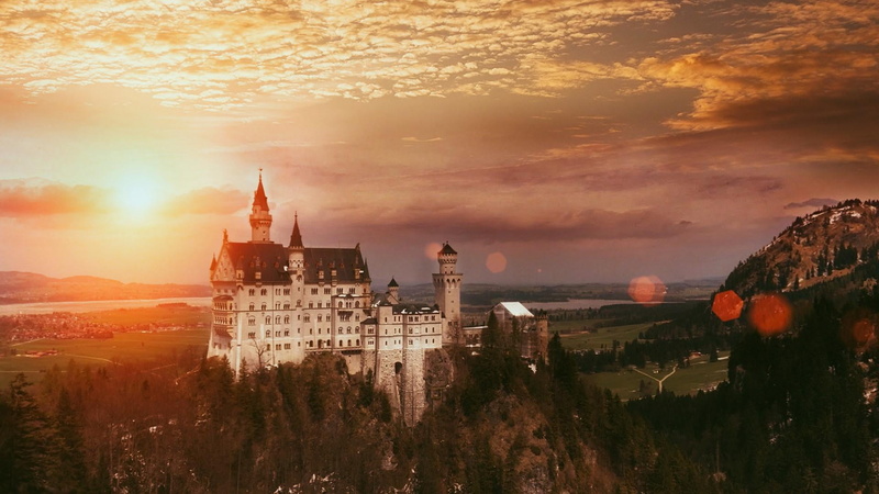 schwangau, castle, sunset, no people, sky, cloud, cityscape, neuschwanstein castle, city, landmark, tree, nature, sun, building, dawn, 1080P, germany