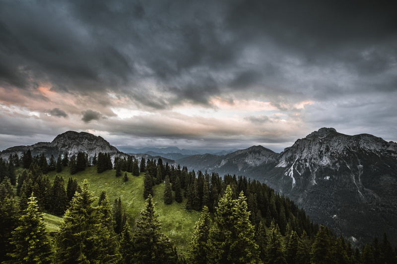clouds, overcast, nature, environment, 5K, plant, beauty in nature, sky, mood, tranquility, sunset, pine tree, alps, pine woodland, coniferous tree, mountains