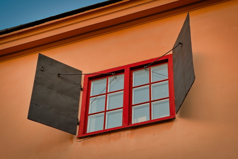 inviting, afternoon, day, window frame, 4K, outdoors, red, low angle view, nature, light, small, framed, built structure, opened, sky, architecture, window pane