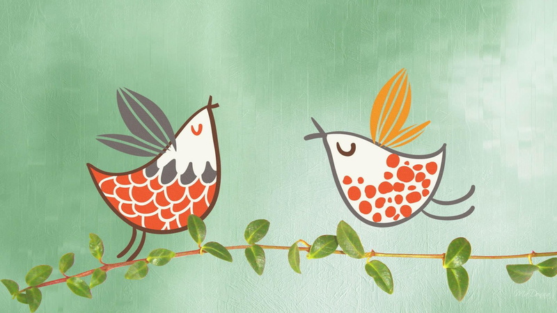 cute, spring, firefox persona, leaves, white, vine, green, 1080P, illustration, orange, birds, animals, two