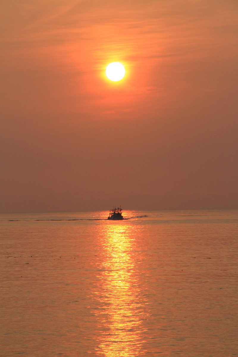 silhouette, nature, a straight line, orange, sky, sunrise, orange color, water, sea, nautical vessel, sun, horizon over water, pontoon boat, waterfront