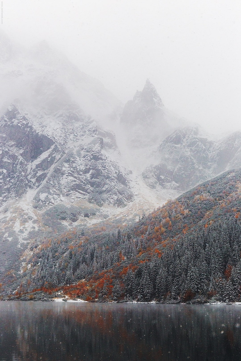 fog, mist, mountain, scenics - nature, land, snowing, mountains, outdoors, snow, snowcapped mountain, landscape, tranquility, lake, 720P, coniferous tree
