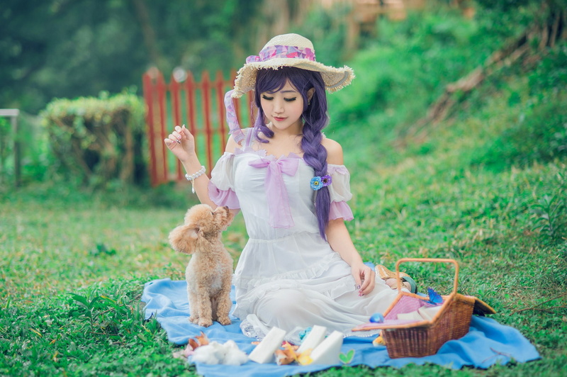white, puppy, girl, glade, image, food, poodle, basket, summer, pet, eyelashes, cute, hands, the fence, picnic, communication, braid, sitting, dress, the lady with the dog