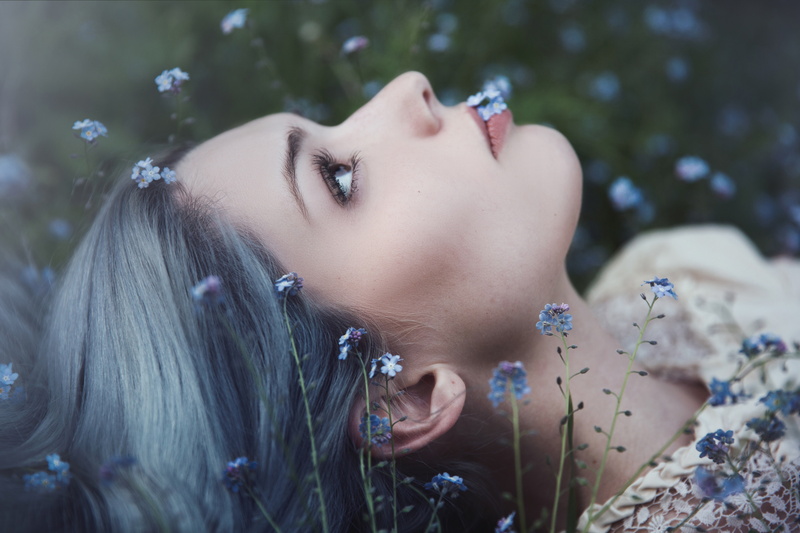 eyes, background, flowers, glade, close-up, looking up, nature, 5K, forget-me-nots, lies, girl, portrait, look, profile, face