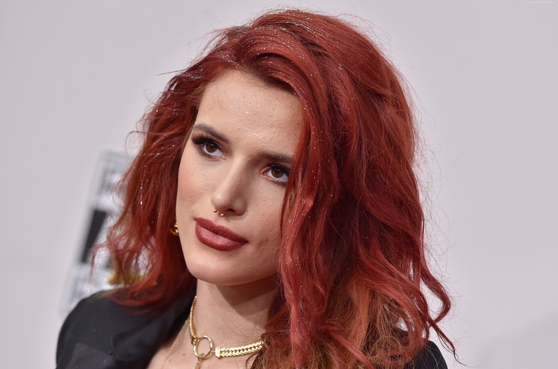 bed, Actress, red hair, Bella Thorne, pink dress, book, flowers, 4K