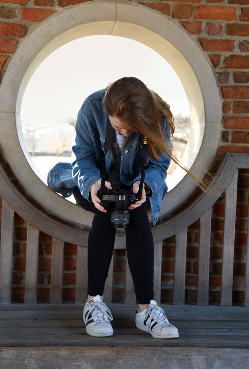 wall, technology, denim, 5K, full length, blue, sneaker, wind, photographic equipment, human, lake-cook/chicago botanic garden, holding, sitting, architecture