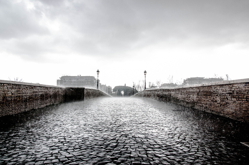 4K, built structure, rainy day, floor, cobblestone, outdoors, no people, grayscale, rain, bridge, road, connection, building exterior, nature, gray, city