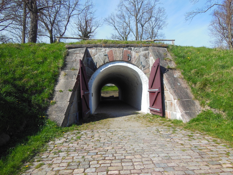 outdoors, green color, direction, boulders, nature, tree, large bricks, grass, cobblestone, day, arched, stone wall, cobbles, wall, blue sky, connection