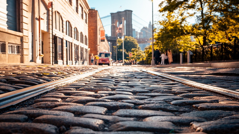 USA, railway, street, 1080P, trees, cobblestone, stones, worms eye view, building, Brooklyn Bridge, house, bridge, New York City, car, architecture