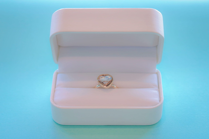 pink color, ring, wealth, gemstone, positive emotion, turquoise colored, studio shot, close-up, box - Container, heart, teal, single Object, inside, top