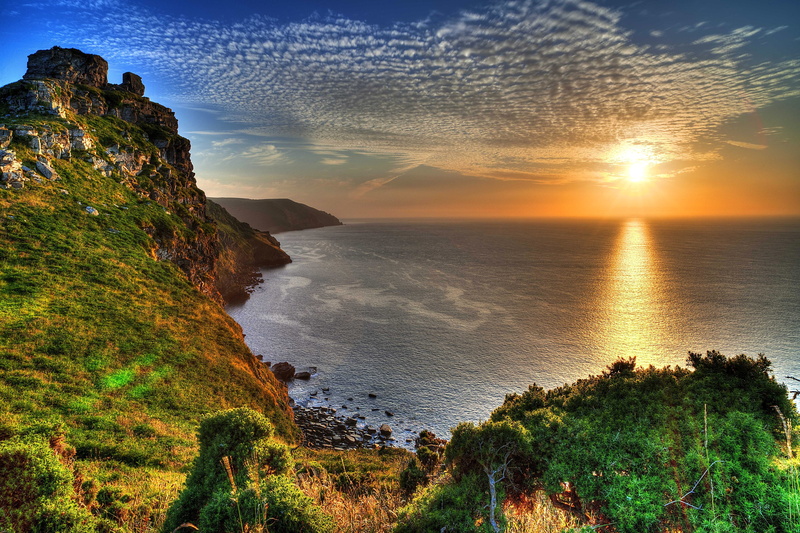 brown, Exmoor National Park, rays, cliff, exmoor, horizon, mountain, national, England, sky, beauty, park, coast, sunset, stones, rocks, 4K, sun, sea