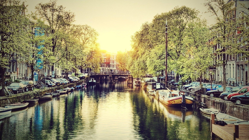 trees, architecture, buildings, rivers, beautiful, netherlands, canal, amsterdam, nature, 1080P, water