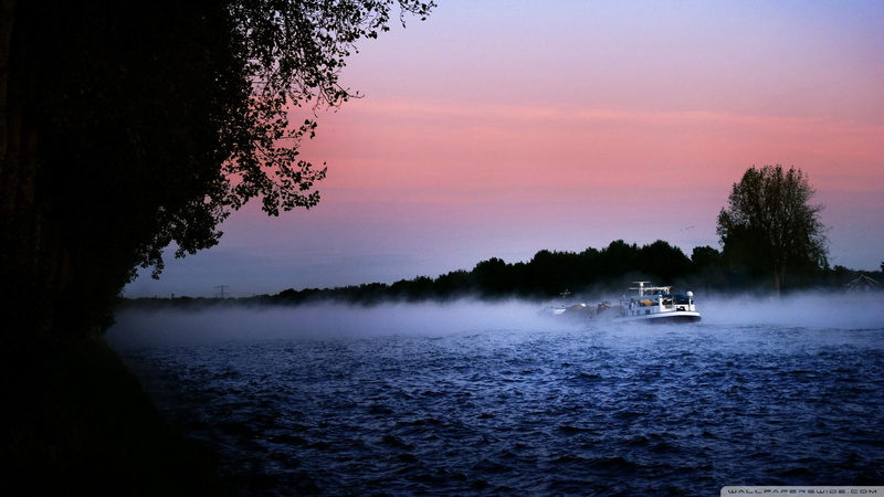 canal, sundown, nature and landscapes, 1080P, boat, rhine, amsterdam