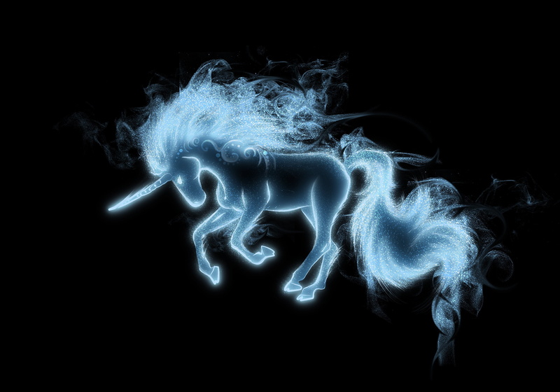 copy space, close-up, indoors, communication, heat - temperature, 2K, Unicorn, blue, black background, studio shot, glowing, pattern, burning, smoke - physical structure