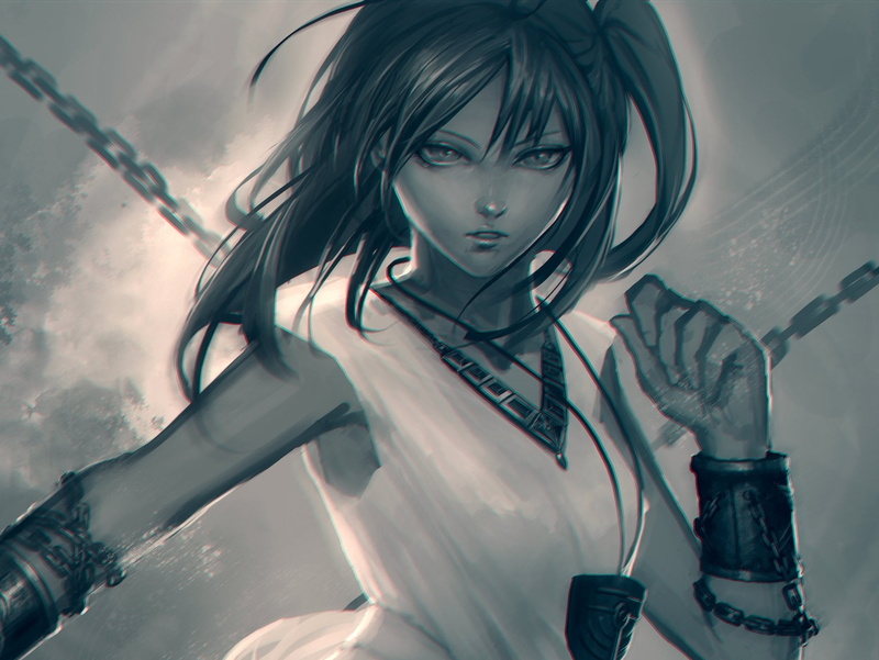 Magi: The Labyrinth Of Magic, front view, three quarter length, nature, looking at camera, Morgiana (Magi), Girl, Woman Warrior, holding, beauty, Anime