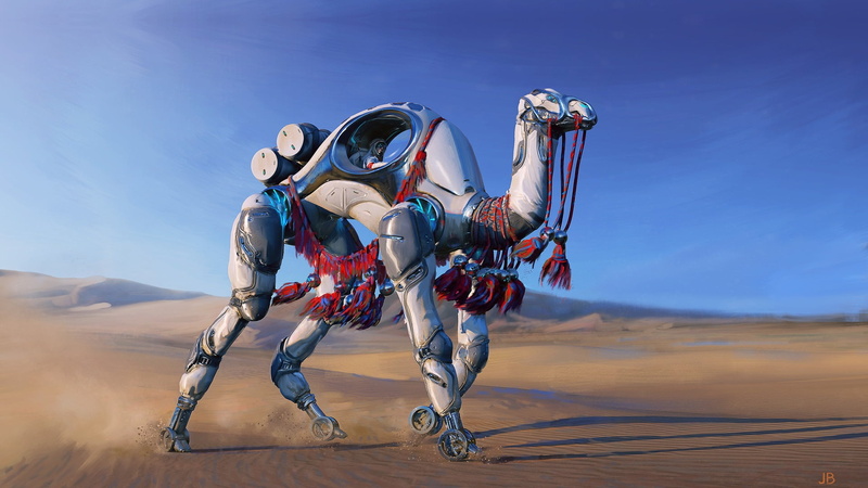 motion, togetherness, climate, land, men, Jakub Bazyluk, digital art, desert, illustration, sky, landscape, 1080P, camels, outdoors, Mech Animals, character