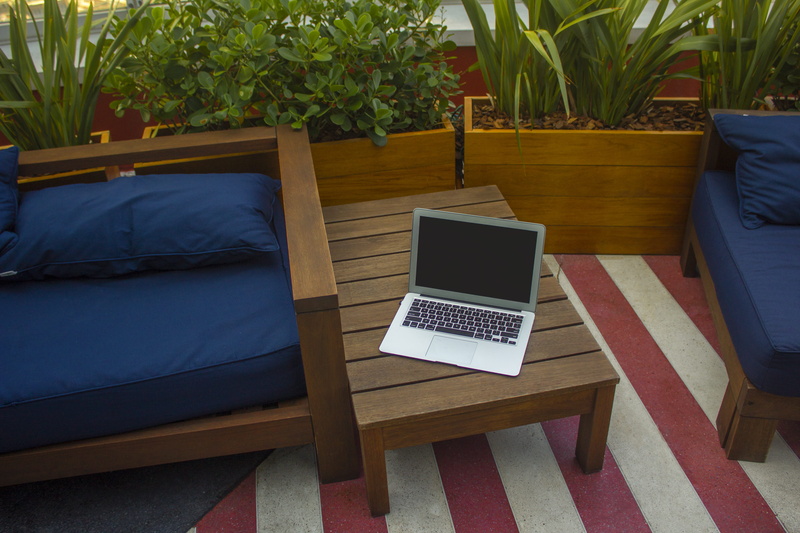 macbook air, business, communication, 5K, chair, houseplant, outdoors, absence, brown, furniture, computer, wood - material, potted plant, no people, wooden