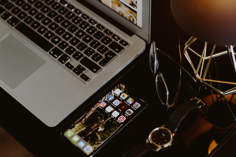gold, macbook air, workspace, 4K, phone, interior, picture, black desk, high angle view, control, laptop, frame, indoor, computer, home, golden, internet