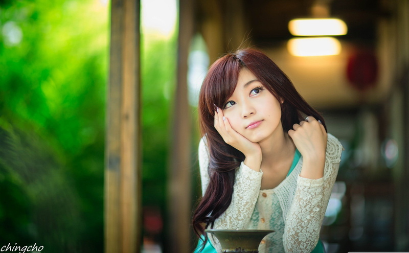 redhead, Asian, 1080P, thinking, white dress, women, pink lipstick, chingcho Chang, looking away, hands in hair, women outdoors, chingcho, black eyes