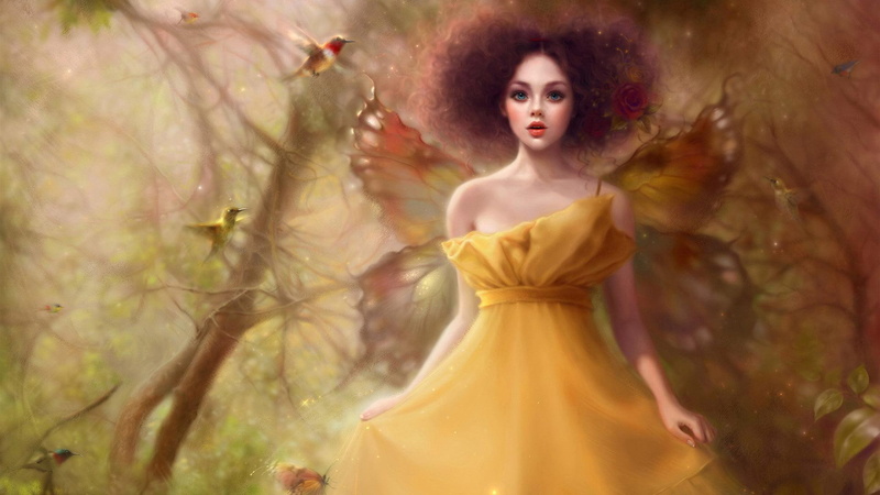 grace, butterfly, dreamer, dress, hair, 1080P, beautiful, fairy, haired, lovely, digital art, pretty, oneshoulder, ruoxing zhang, yellow, woman, brown