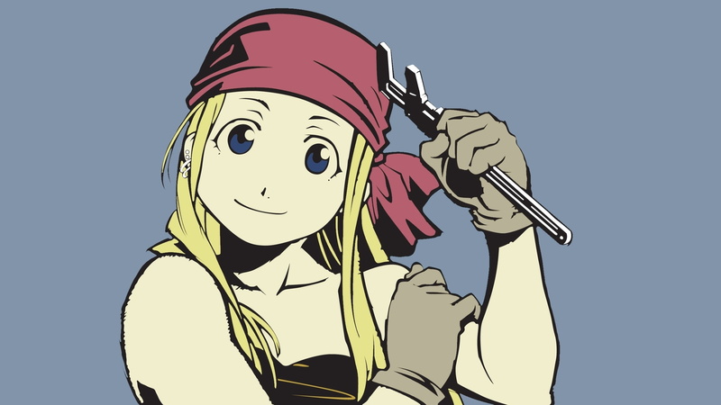 Rockbell Winry, mask, anime girls, music, male likeness, studio shot, people, 1080P, Full Metal Alchemist, lifestyles, indoors, human body part, clear sky