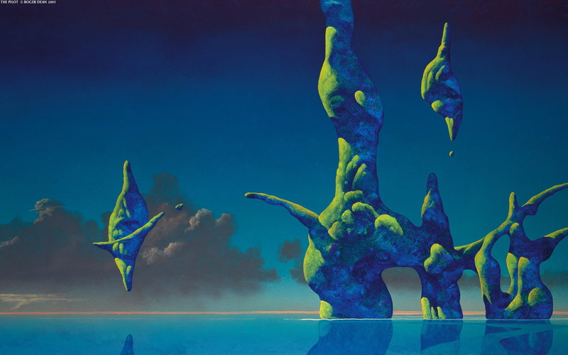 group of animals, Roger Dean, artwork, motion, nature, swimming, animal themes, blue, no people, marine, sky, outdoors, animal wildlife, water, fish, sea