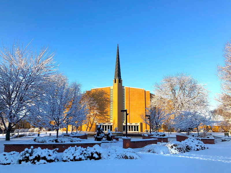 blue, christian, building, wood, icy, frozen, 4K, bare tree, tree, steeple, snow, bricks, sky, bell tower, sanctuary, trees, no people, blue sky, landscape