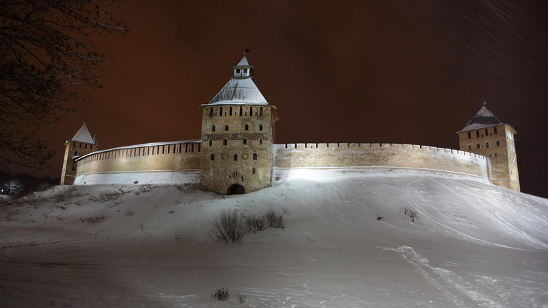 novgorod, night, kremlin park, tower, castle, 4K, wall, velikij novgorod, novgorod kremlin, russia, winter