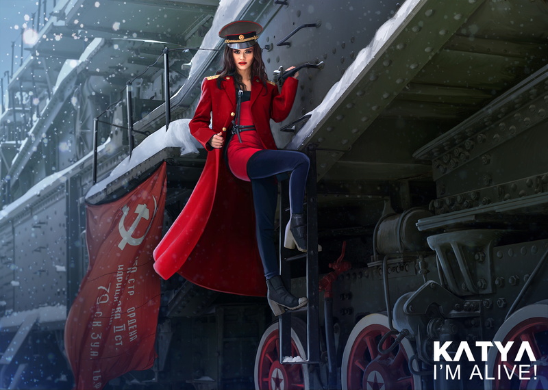red, digital, Katya Lee, katya, 5K, winter, train, pagon, in red, banner, coat, girl, art, Nikita Bolyakov, cap, m, figure, snow, officer, alive