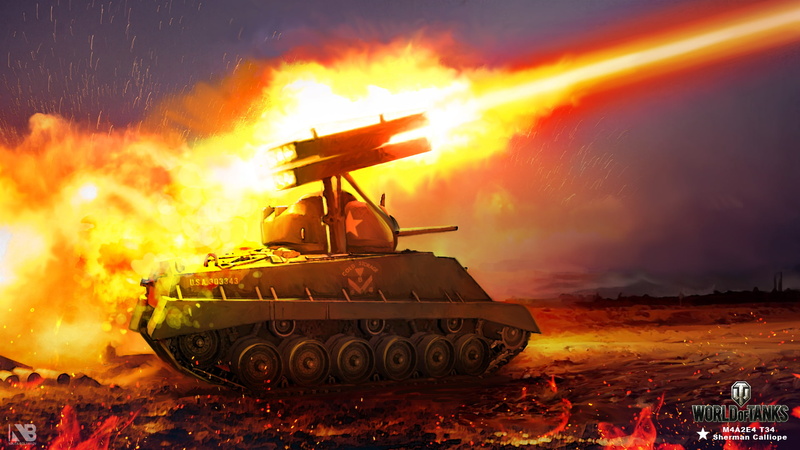 fire, Sherman, M4A2E4, rocket, art, figure, volley, sparks, Nikita Bolyakov, World of Tanks, installation, night, Rocket Launcher, flame, Multiple Rocket Launch System