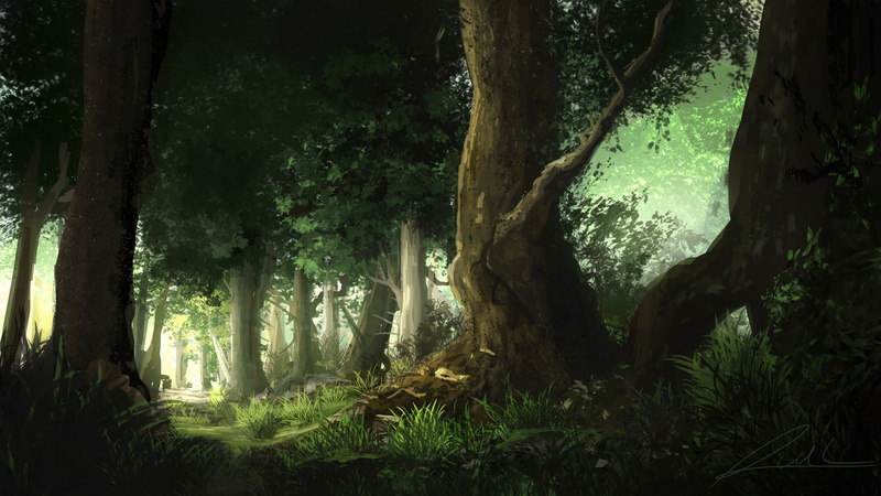 grass, branch, 1080P, tree trunk, forest, painting, Alex van der Linde, digital art, trees, artwork