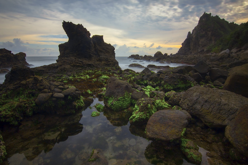 idyllic, eroded, pantai watu lumbung, no people, solid, rock, sea, sunset, sky, scenics - nature, water, non-urban scene, tranquility, beauty in nature