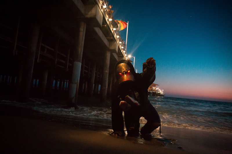 adult, one person, building, building exterior, crouching, mask, full length, men, sea, 5K, santamonica, sitting, spooky, almighty duck, duck, beach, emotion