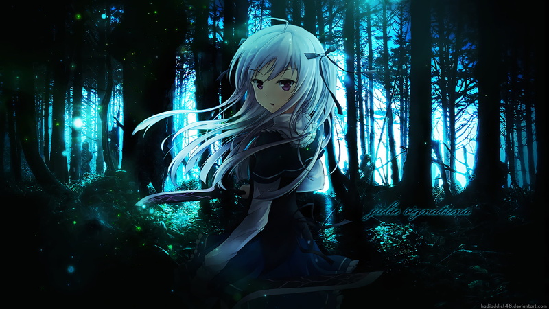 forest, Julie Sigtuna, front view, hairstyle, Anime, haired, adult, character, three quarter length, creativity, teal, tree, ghost, one person, long exposure