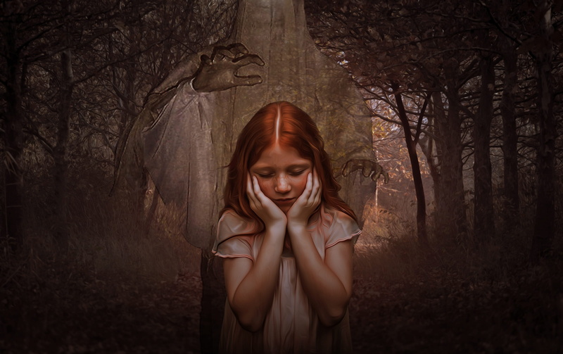 dark fantasy, face, horror, holding, innocence, one person, front view, women, gothic, scary, fantasy, girls, portrait, hold, woodland, children, female