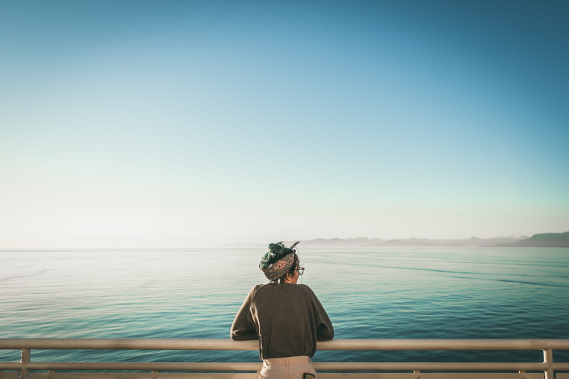 woman, vancouver, hairstyle, sky, near, focus, looking, water, leisure activity, standing, sea, blue, copy space, bandana, canada, one person, ocean, tranquility