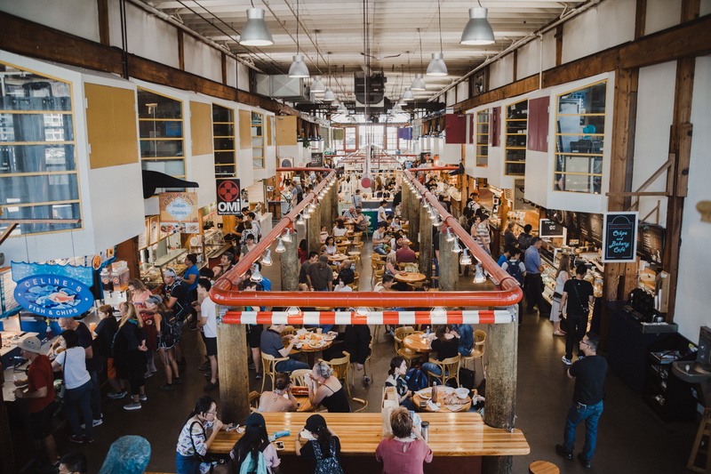 fish and chips, day, graville market, group of people, vancouver, granville island public market, men, 5K, large group of people, human representation