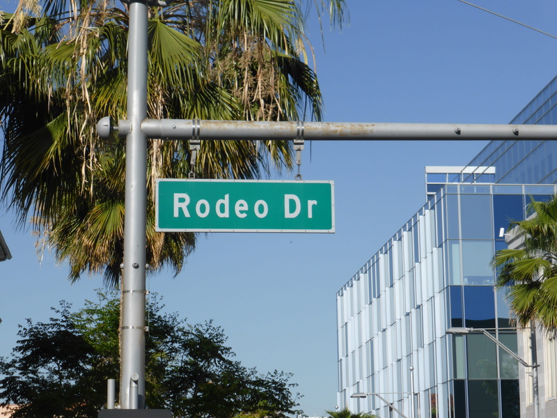 rodeo drive, angeles, dr, blue, los, green color, no people, sign, information, palm tree, clear sky, signage, text, outdoors, sky, hills, fashion, tree