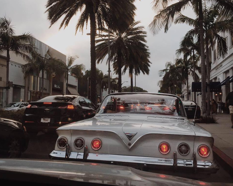 person, tree, vehicle, building exterior, sports car, nature, palmtrees, automobile, california, drive, tropical climate, outdoors, mode of transportation