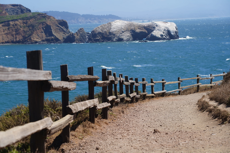 beach, horizon over water, beauty in nature, boundary, fence, no people, mountain, railing, wood - material, 5K, day, barrier, rodeo beach, united states