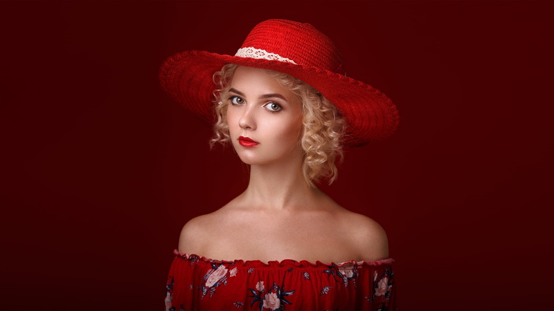 1080P, blonde, simple background, red background, portrait, women, curly hair, crop top, women with hats, bare shoulders, red lipstick, looking at viewer