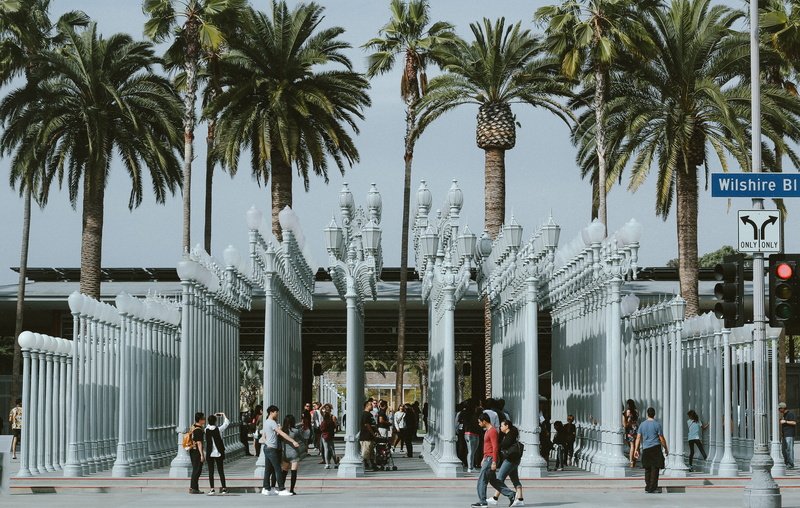 art, tropical climate, urban, california, los angeles, built structure, office building exterior, large group of people, city, public art " urban light"