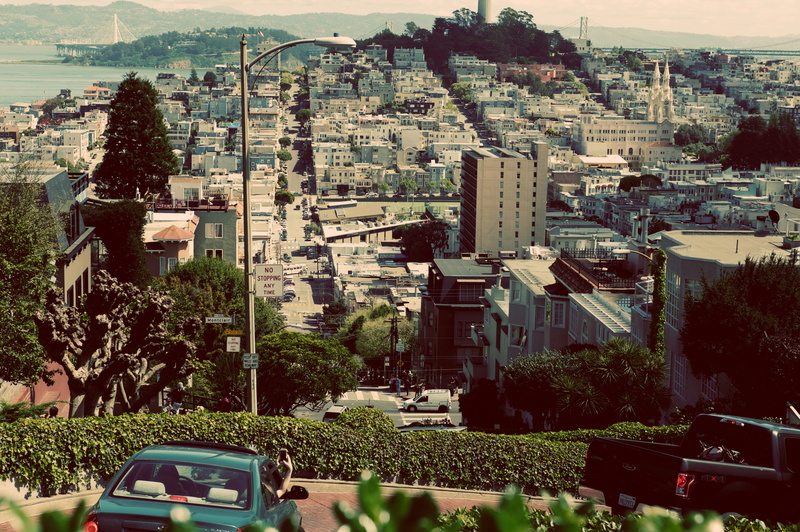 city view, st, st., san francisco, building, lombard street, building exterior, high angle view, lombard, motor vehicle, united states, crest, car, architecture