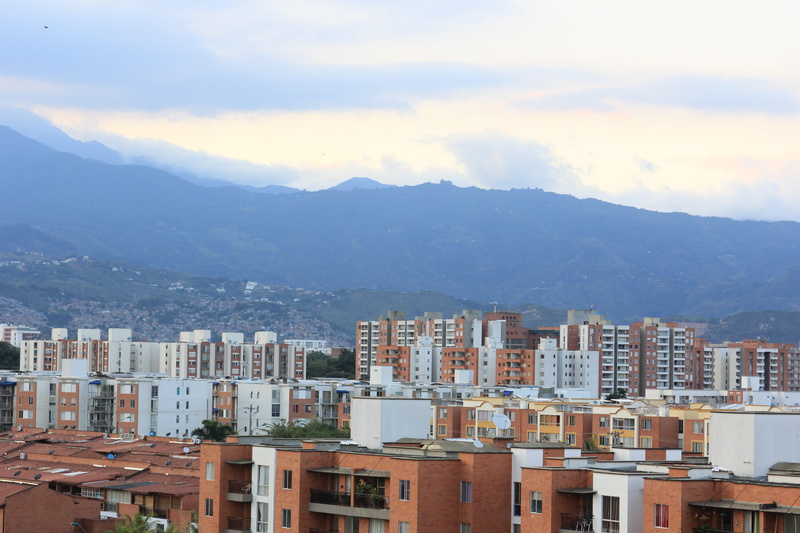 aerial view, city, landscape, sunrise, purple sky, day, house, built structure, towers, green, roofs, residential district, mountain range, peace, cali