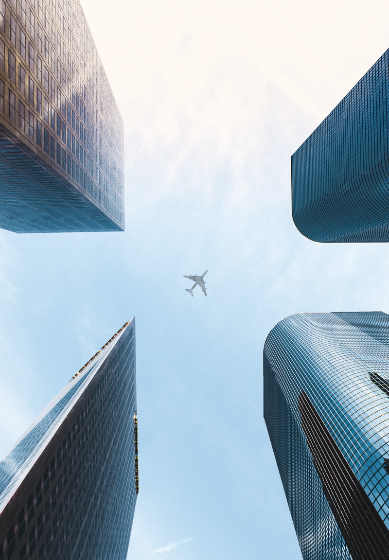 nature, building, low angle view, flying, built structure, traveling, sun, looking up, united states, flight, planes, 5K, buildings, directly below, outdoors
