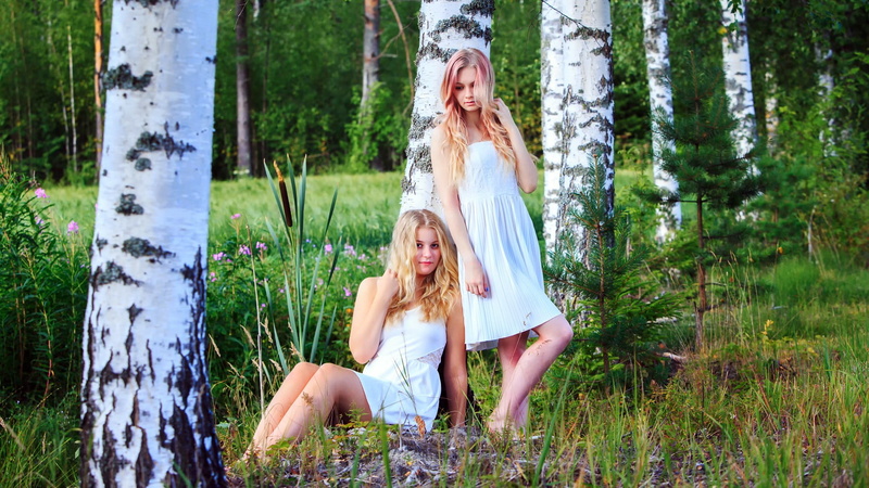 tree, white dress, minidress, hairstyle, happiness, long hair, model, togetherness, females, grass, forest, positive emotion, young adult, emotion, blond hair