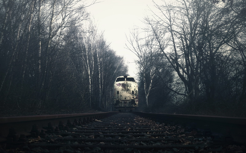 overcast, train, railway, fall, wreck, 2K, vehicle, dark, trees, birch