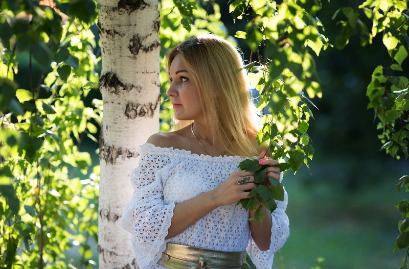 Vladimir Nikolaev, women, model, 500px, trees, sunlight, 1080P, profile, face, plants, birch, women outdoors