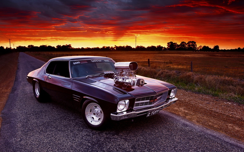field, Holden Monaro, retro styled, car, nature, sky, transportation, landscape, street, environment, 2K, land, orange color, no people, dusk, sunset