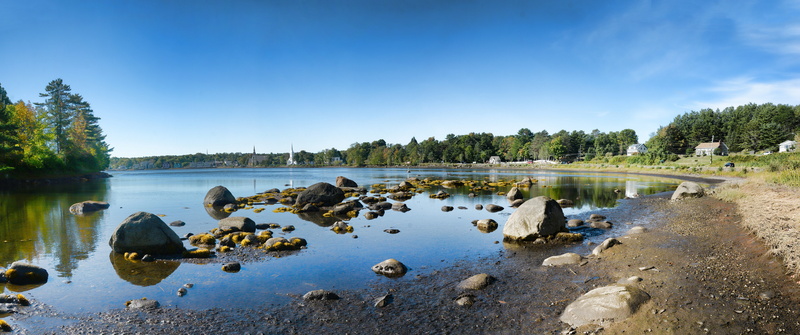 nova scotia, sky, water, landscape, tranquility, solid, no people, plant, Sea, shore, outdoors, village, tourism, rock, blue, travel, mahone bay, panoramic
